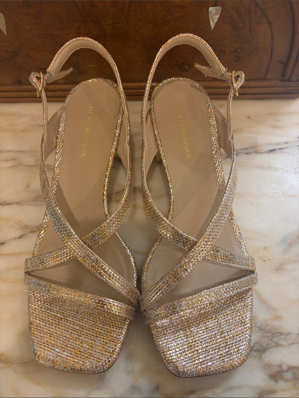 Stuart Weitzman Metallic Gold Crisscross Slingback Sandals